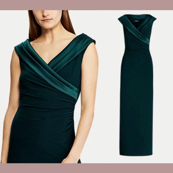 NWT Lauren‎ Ralph Lauren [ 16 ] Leonetta Satin V-Neck Jersey Gown in Green - Picture 2 of 15